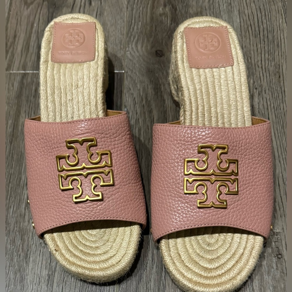 Tory Burch Britten Women’s Leather Espadrille Slides in Pink Moon, size 9.5